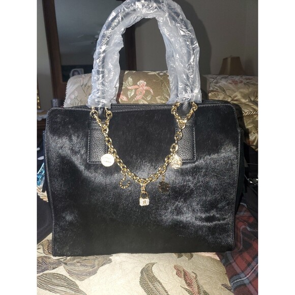 Cbc Handbags - NWT Carol Brodie Black Leather & Haircalf Satchel with Gold Lucky Charms